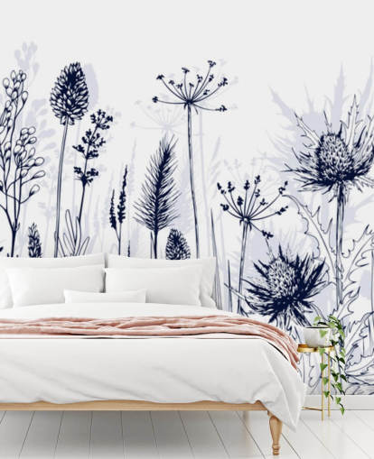 carta da parati murale personalizzabile blu e bianca chiamata Blue Thistles per camere da letto, cucine e bagni