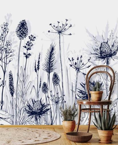 papier peint mural de chardon personnalisable bleu et blanc appelé Blue Thistles pour les chambres, les cuisines et les salles de bain