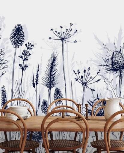 carta da parati murale personalizzabile blu e bianca chiamata Blue Thistles per camere da letto, cucine e bagni
