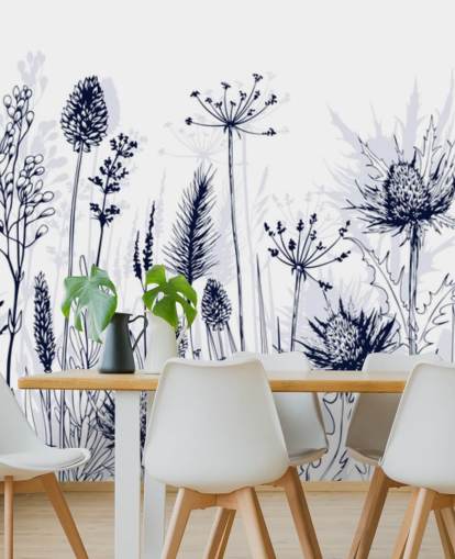 mural de papel de parede de cardo personalizável em azul e branco chamado Blue Thistles para quartos, cozinhas e banheiros mural de papel de parede de cardo personalizável em azul e branco chamado Blue Thistles para quartos, cozinhas e banheiros