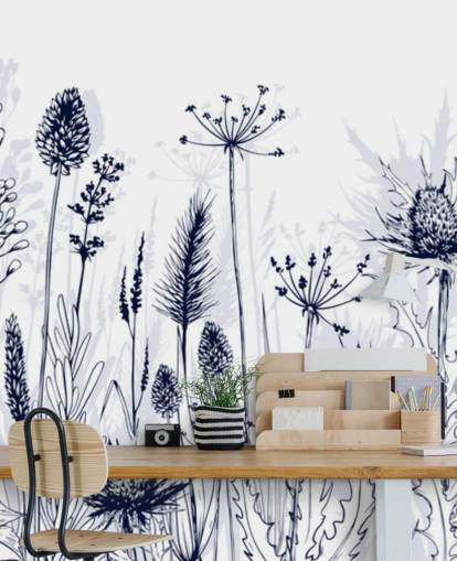 blauw-witte aanpasbare distel behangmuurschildering genaamd Blue Thistle voor slaapkamers, keukens en badkamers