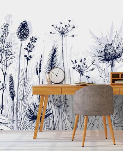 mural de papel pintado de cardo personalizable azul y blanco llamado Blue Thistles para dormitorios, cocinas y baños