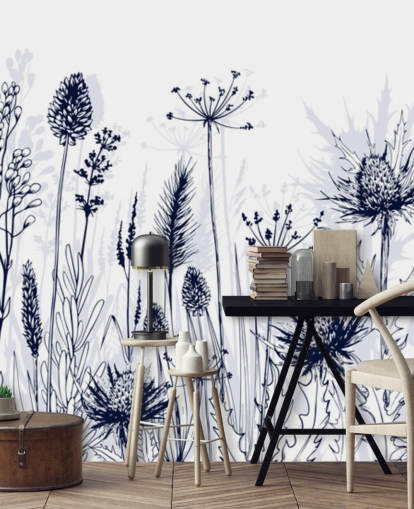 blue and white customisable thistle wallpaper mural called Blue Thistles for bedrooms, kitchens and bathrooms
