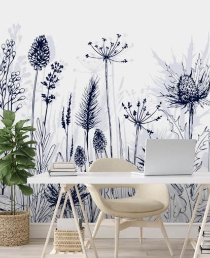 blue and white customizable thistle wallpaper mural called Blue Thistles for bedrooms, kitchens and bathrooms