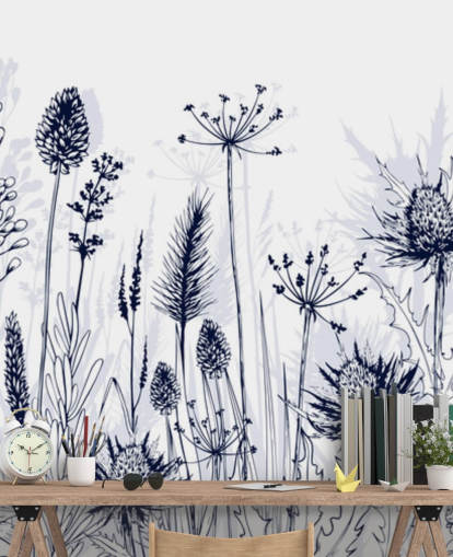 blauw-witte aanpasbare distel behangmuurschildering genaamd Blue Thistle voor slaapkamers, keukens en badkamers blauw-witte aanpasbare distel behangmuurschildering genaamd Blue Thistle voor slaapkamers, keukens en badkamers