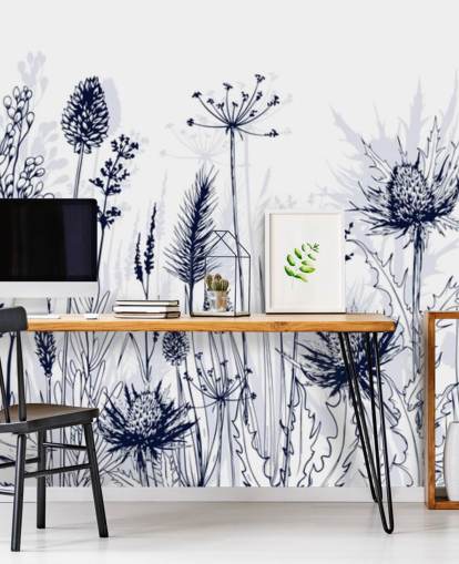 mural de papel pintado de cardo personalizable azul y blanco llamado Blue Thistles para dormitorios, cocinas y baños
