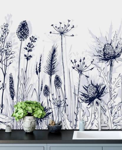 blå og hvid tilpasselig tistel tapetmaleri kaldet Blue Thistles til soveværelser, køkkener og badeværelser blå og hvid tilpasselig tistel tapetmaleri kaldet Blue Thistles til soveværelser, køkkener og badeværelser