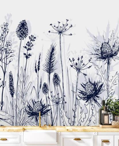 mural de papel de parede de cardo personalizável em azul e branco chamado Blue Thistles para quartos, cozinhas e banheiros mural de papel de parede de cardo personalizável em azul e branco chamado Blue Thistles para quartos, cozinhas e banheiros