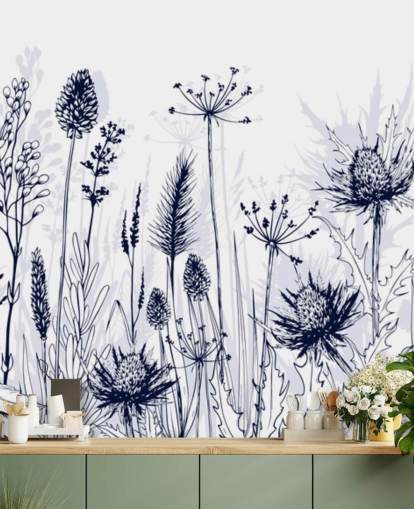 blue and white customisable thistle wallpaper mural called Blue Thistles for bedrooms, kitchens and bathrooms blue and white customisable thistle wallpaper mural called Blue Thistles for bedrooms, kitchens and bathrooms