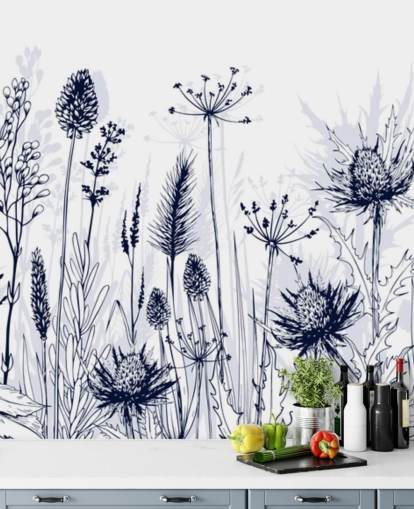 carta da parati murale personalizzabile blu e bianca chiamata Blue Thistles per camere da letto, cucine e bagni carta da parati murale personalizzabile blu e bianca chiamata Blue Thistles per camere da letto, cucine e bagni