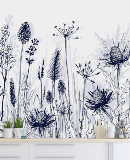 sinivalkoinen muokattava ohdakkeen taustakuvamaalaus nimeltä Blue Thistles makuuhuoneisiin, keittiöihin ja kylpyhuoneisiin