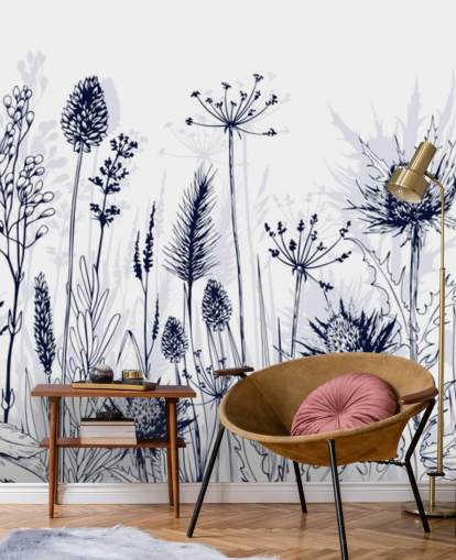 carta da parati murale personalizzabile blu e bianca chiamata Blue Thistles per camere da letto, cucine e bagni