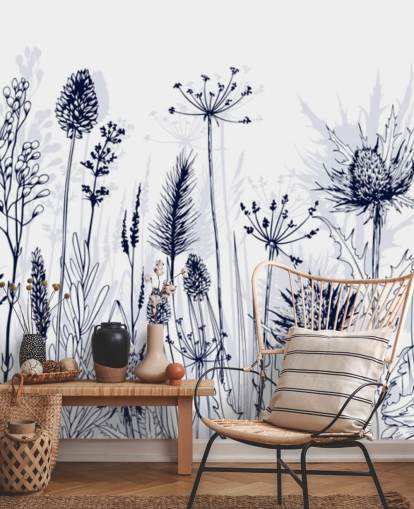 blauw-witte aanpasbare distel behangmuurschildering genaamd Blue Thistle voor slaapkamers, keukens en badkamers