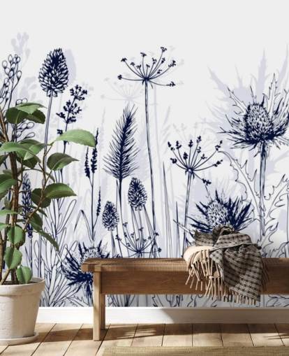 blue and white customisable thistle wallpaper mural called Blue Thistles for bedrooms, kitchens and bathrooms