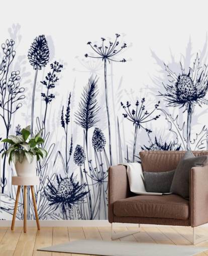papier peint mural de chardon personnalisable bleu et blanc appelé Blue Thistles pour les chambres, les cuisines et les salles de bain