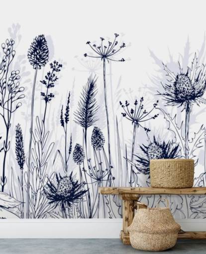 mural de papel pintado de cardo personalizable azul y blanco llamado Blue Thistles para dormitorios, cocinas y baños
