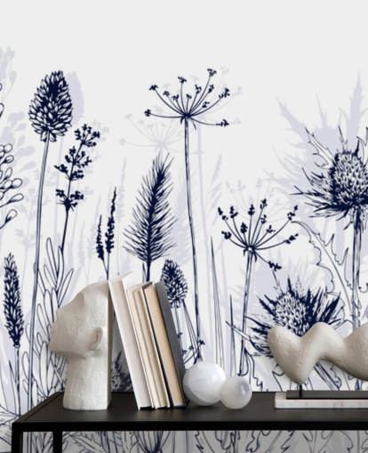 mural de papel de parede de cardo personalizável em azul e branco chamado Blue Thistles para quartos, cozinhas e banheiros