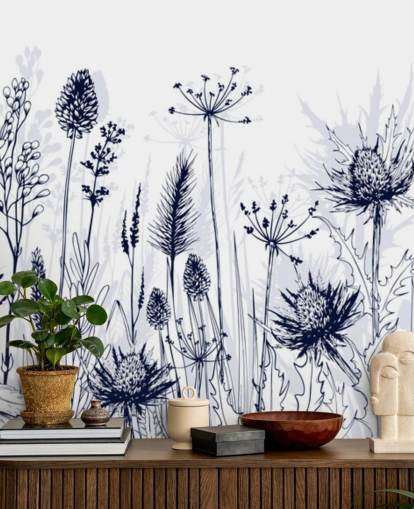 papier peint mural de chardon personnalisable bleu et blanc appelé Blue Thistles pour les chambres, les cuisines et les salles de bain papier peint mural de chardon personnalisable bleu et blanc appelé Blue Thistles pour les chambres, les cuisines et les salles de bain