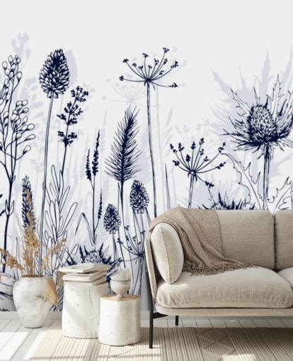 mural de papel pintado de cardo personalizable azul y blanco llamado Blue Thistles para dormitorios, cocinas y baños mural de papel pintado de cardo personalizable azul y blanco llamado Blue Thistles para dormitorios, cocinas y baños