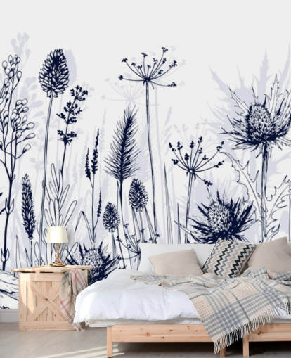 blå og hvit tilpassbar tistel tapet veggmaleri kalt Blue Thistles for soverom, kjøkken og bad