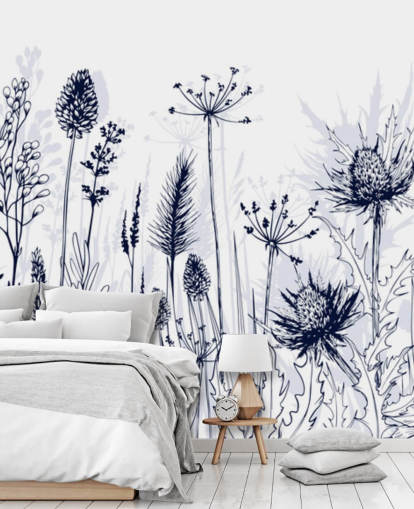 blauw-witte aanpasbare distel behangmuurschildering genaamd Blue Thistle voor slaapkamers, keukens en badkamers