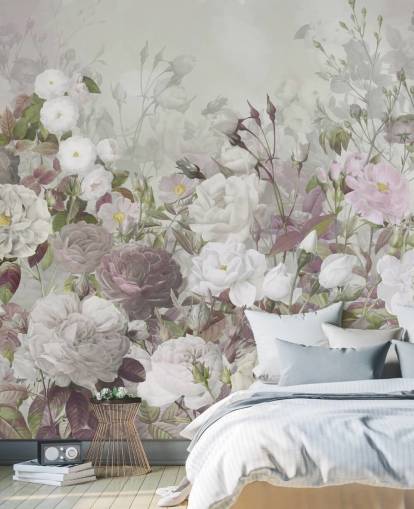 grey and pink roses wallpaper mural