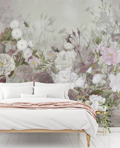 grijze en roze rozen muurschildering