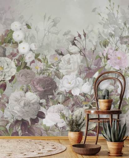 mural de papel pintado de rosas grises y rosas