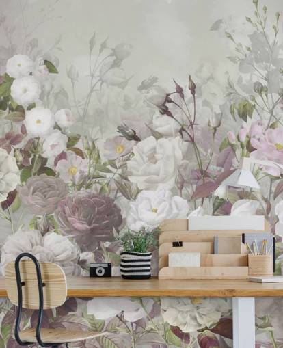 mural de papel pintado de rosas grises y rosas