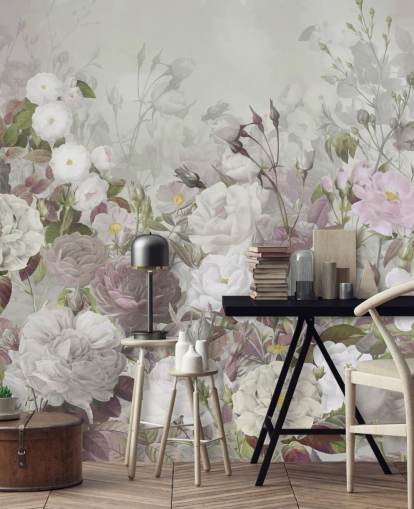 grijze en roze rozen muurschildering