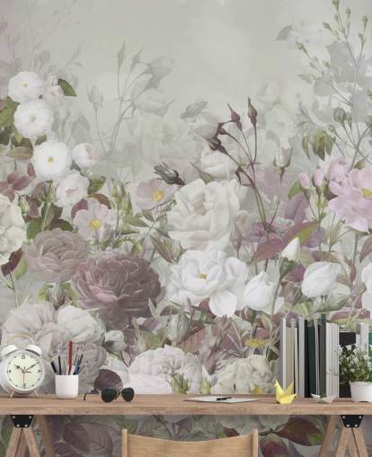 mural de papel pintado de rosas grises y rosas