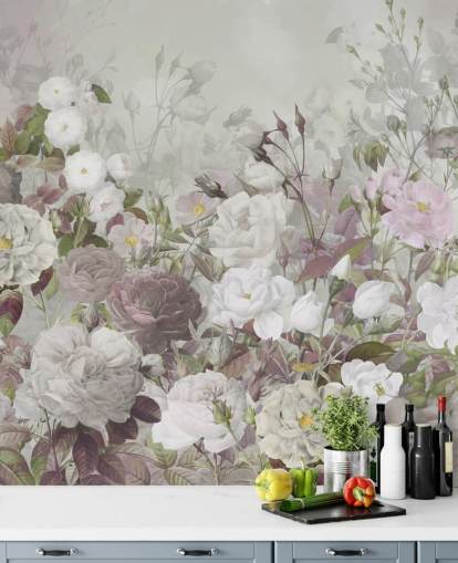 mural de papel pintado de rosas grises y rosas
