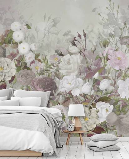 mural de papel pintado de rosas grises y rosas