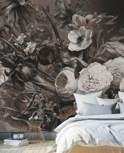 mörk blommig väggmålning med bukett blommor