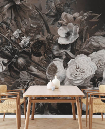 mural de parede floral escuro com buquê de flores