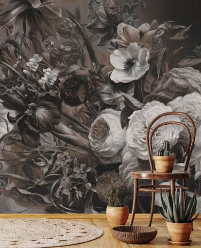 mørkt blomstervægmaleri med buket blomster