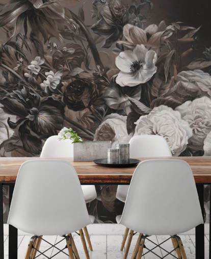 mural de pared floral oscuro con ramo de flores