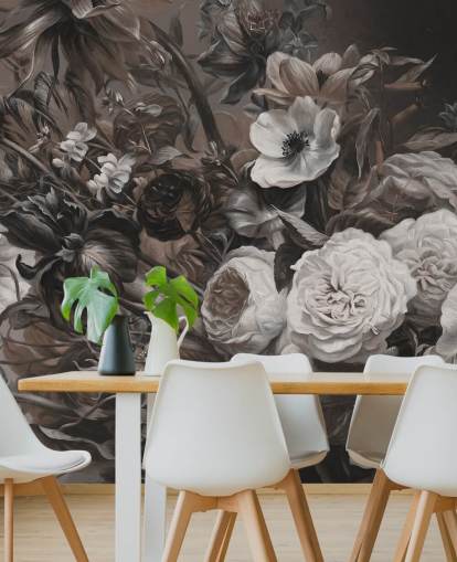 mural de pared floral oscuro con ramo de flores