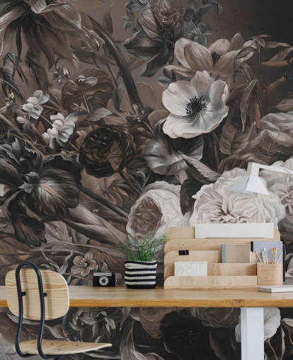 mural de pared floral oscuro con ramo de flores