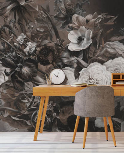 mørkt blomstervægmaleri med buket blomster