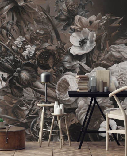 mural de pared floral oscuro con ramo de flores mural de pared floral oscuro con ramo de flores