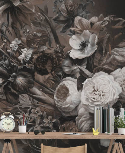 mörk blommig väggmålning med bukett blommor