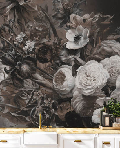 mural de pared floral oscuro con ramo de flores