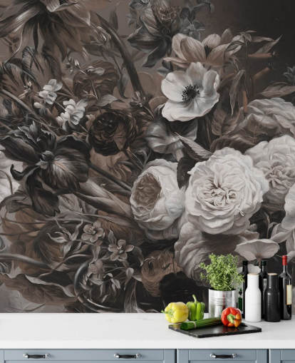 mural de pared floral oscuro con ramo de flores