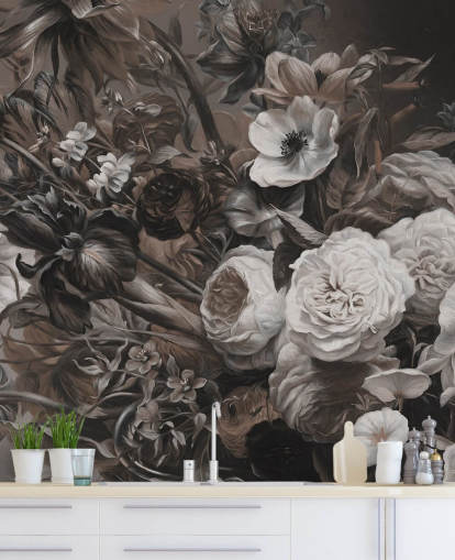 dark floral wall mural with bouquet of flowers