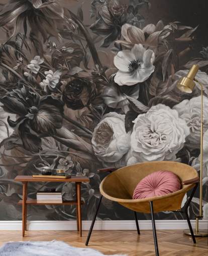 dark floral wall mural with bouquet of flowers