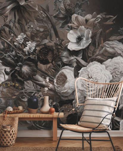 mural de pared floral oscuro con ramo de flores