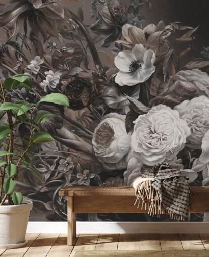 donkere bloemenmuurschildering met boeket bloemen