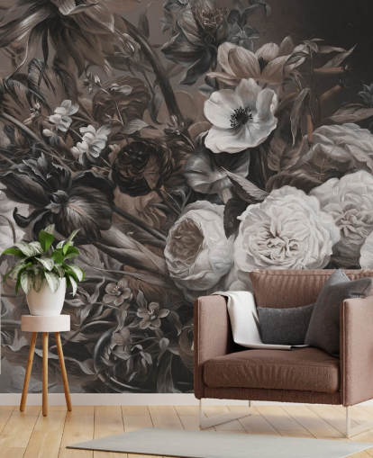 mural de pared floral oscuro con ramo de flores mural de pared floral oscuro con ramo de flores