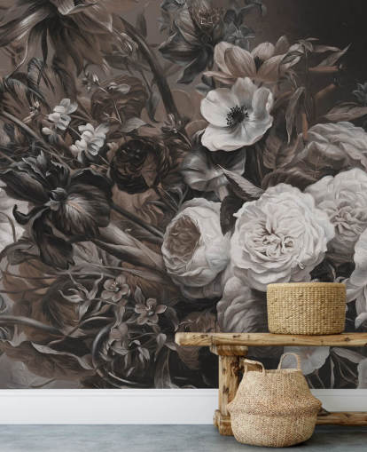 mural de parede floral escuro com buquê de flores